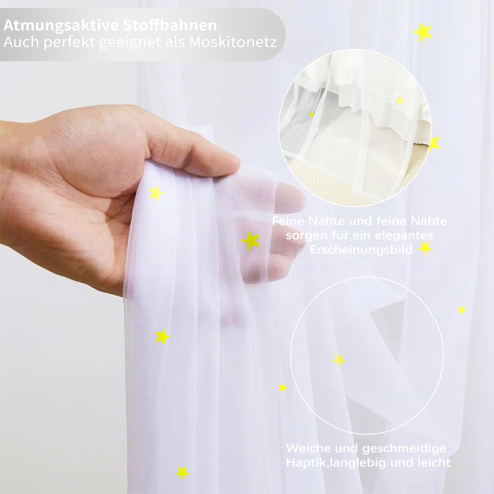 Hausbett Himmel Deko mit Leuchtenden Sternen, 2 Betthimmel & 1 Wimpelkette | Babybett Himmel für Kinderzimmer | Himmelbett Vorhänge für 90x200 & 120x200 Kinderbetten fürJungen/Mädchen(Weiß, 135x270cm)