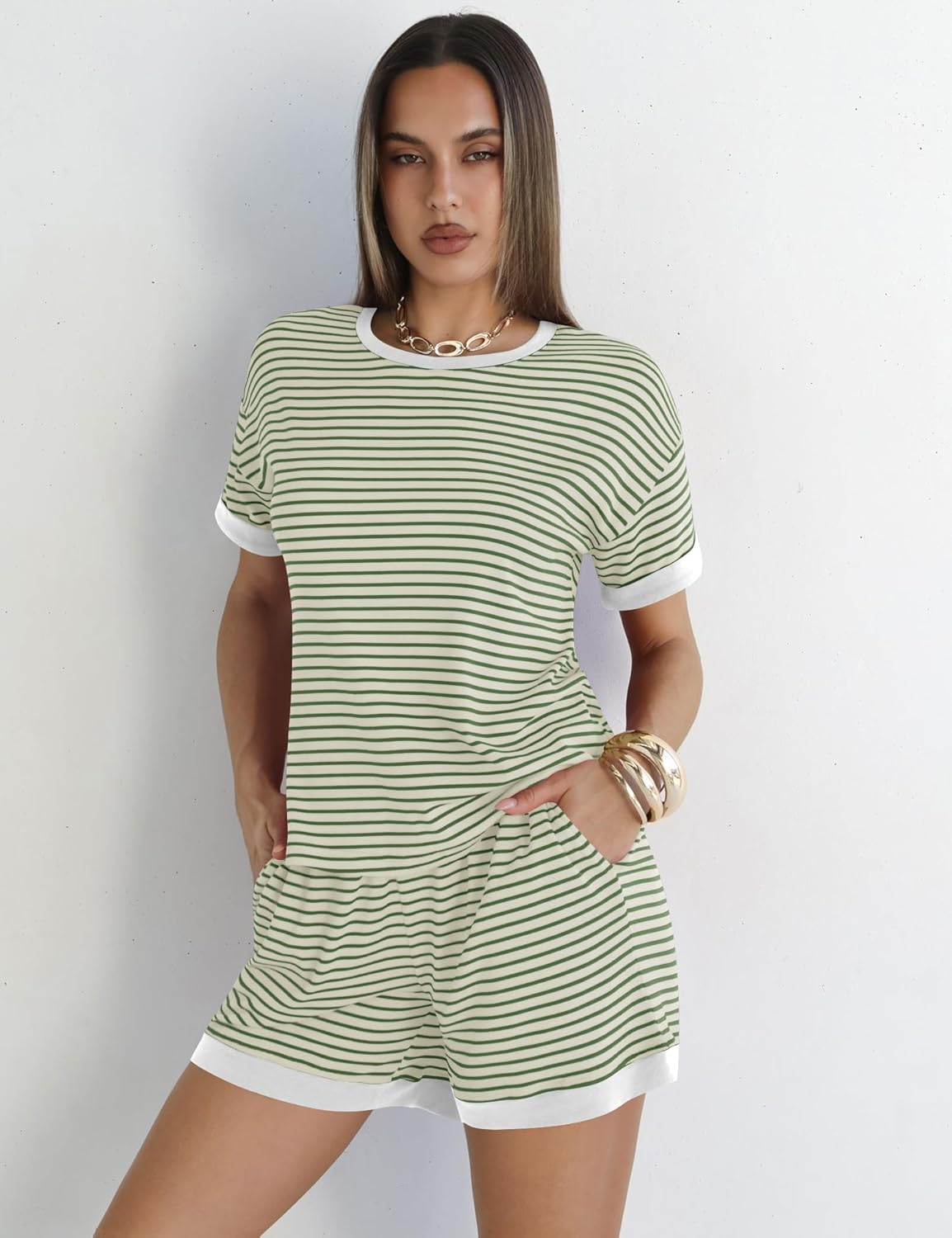 Blingfit Womens 2 Piece Lounge Set Short Sleeve Summer Vacation Outfits Casual Matching Sets Soft Shorts with Pockets - Image 3