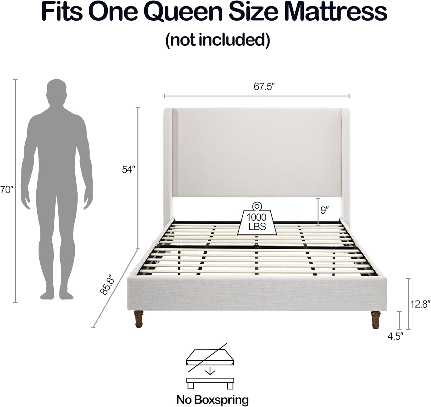 Upholstered Platform Wingback Bed Frame with 54" High Headboard, Solid Walnut Wood Feet, Sturdy Metal & Wood Slats (Chenille, Ivory-R2032, Queen (U.S. Standard))
