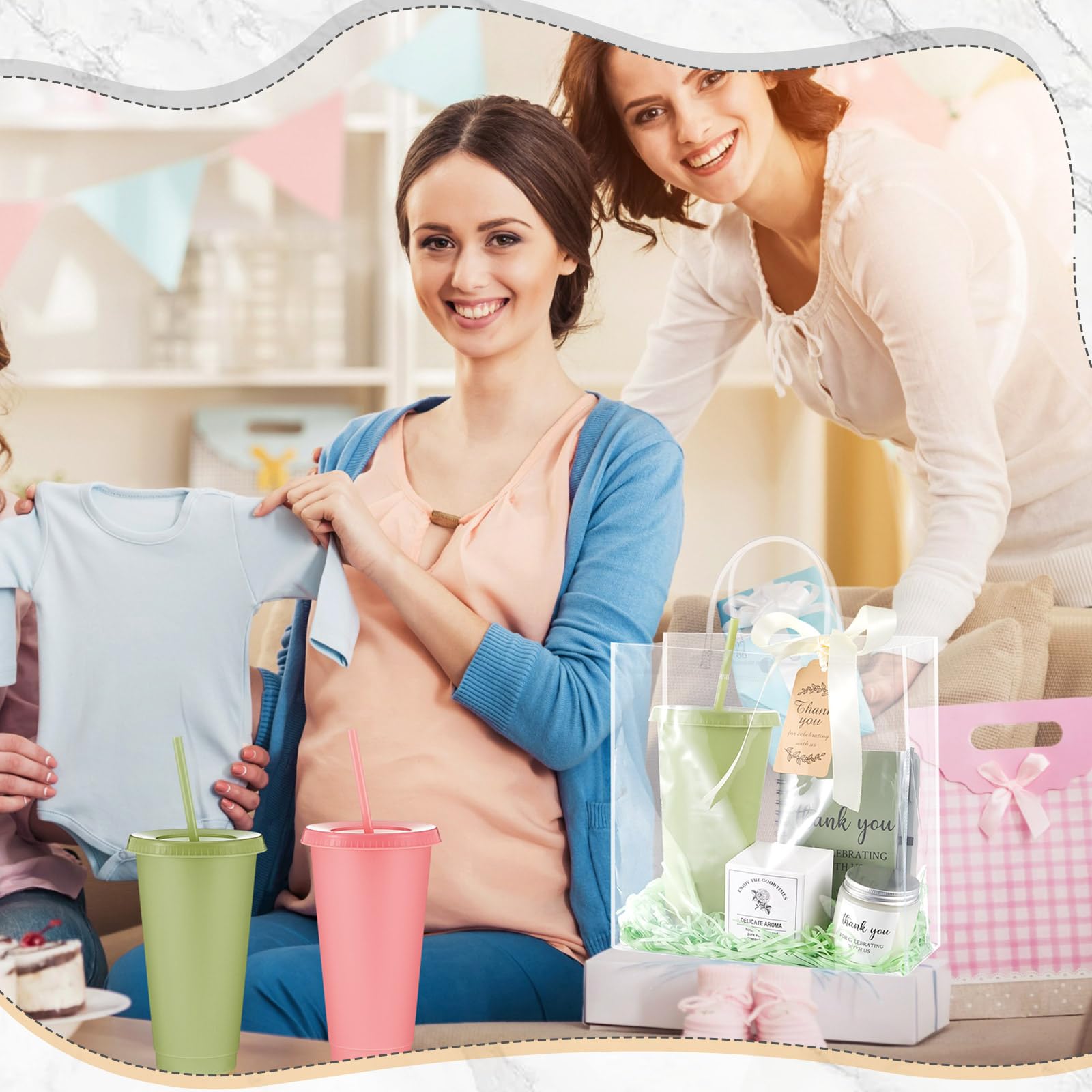 Nuogo 6 juegos de premios de baby shower para jugadores ganadores adultos, incluye vaso de plástico, cuaderno, velas perfumadas, bolsa de regalo, regalo para el jugador de baby shower (estilo elegante