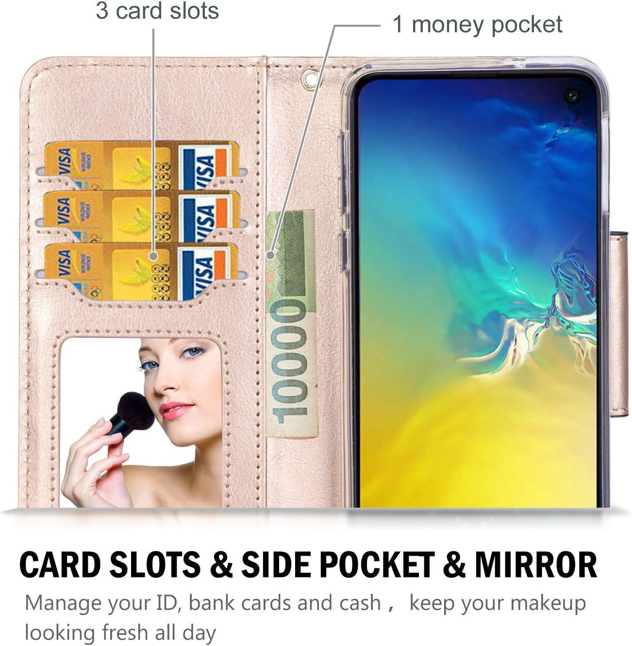 ProCase Galaxy S10e Wallet Case, Flip Kickstand Case with Card Holders Mirror Wristlet, Folding Stand Protective Book Case Cover for Galaxy S10e 2019 Release -Black