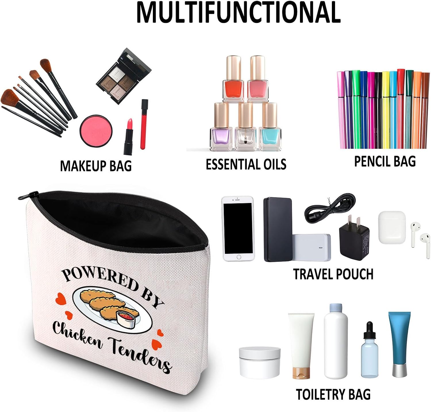 G2TUP Funny Chicken Tenders Gift Powered by Chicken Tenders Makeup Bag Chicken Tenders Lover Cosmetic Bag Funny Foodie Gift (Chicken Tenders MB) image 4