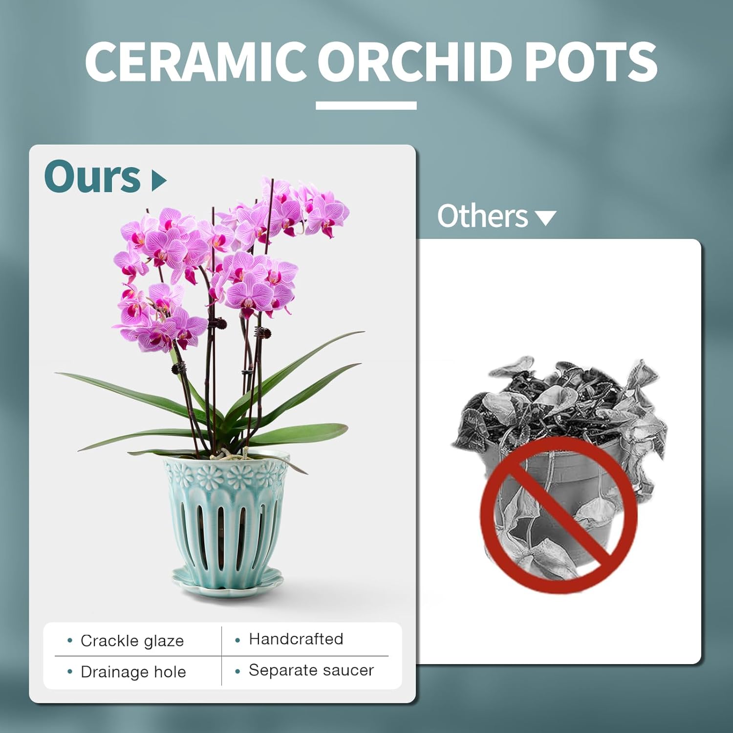SUADEN 5" Ceramic Orchid Pot with Holes | Crackle Glazed Pot with Drainage and Separate Saucer | Ideal Plant Pot for Repotting Orchids and Other Flowers (Blue)