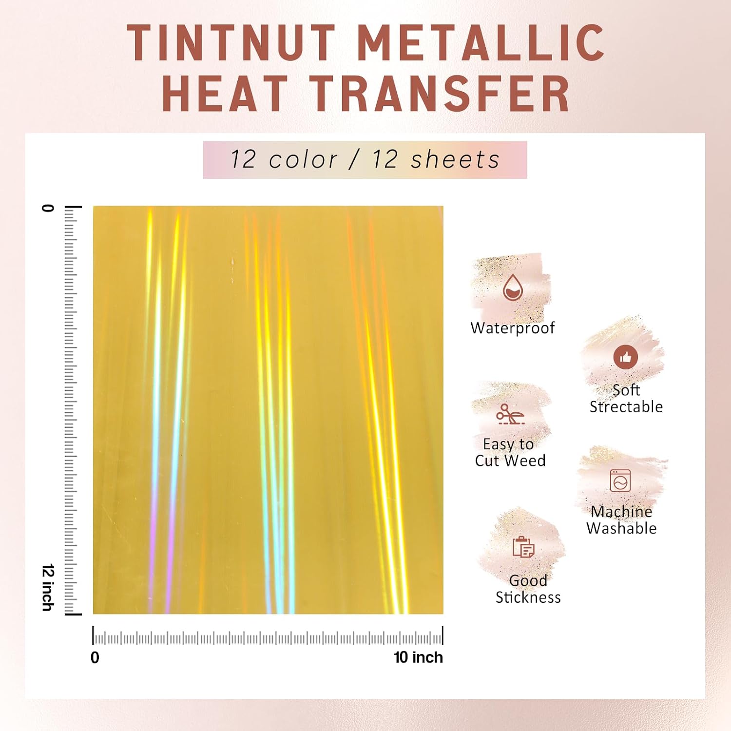 Tintnut Metallic Heat Transfer Vinyl Bundle Chrome HTV Vinyl,12 Sheets 12"x 10" Foil Holographic Gold Iron On Vinyl