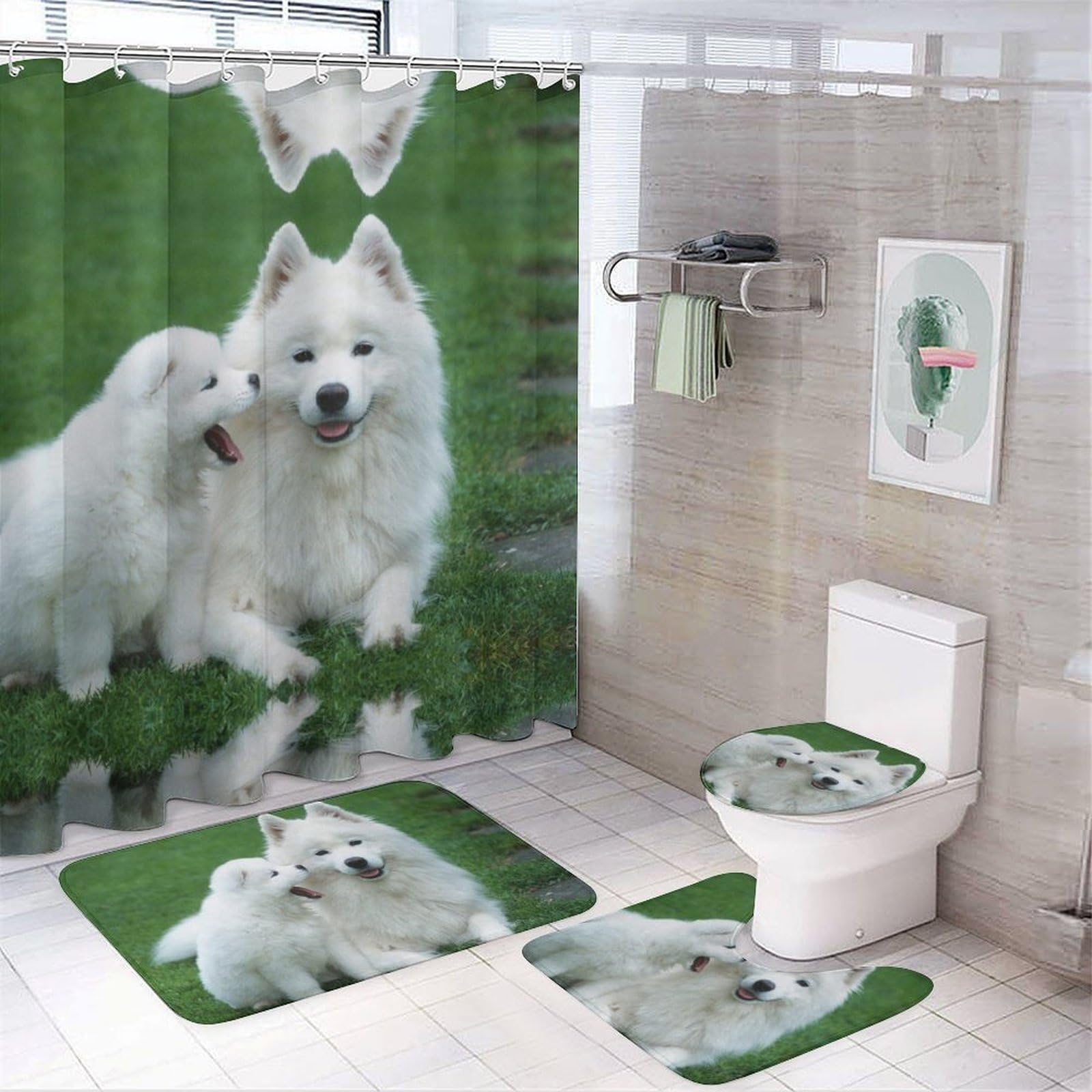JZemdybill Bathroom Mat Set 4 Piece, Samoyed Dog Shower Curtain with Non-Slip Bath Mats for Bathroom