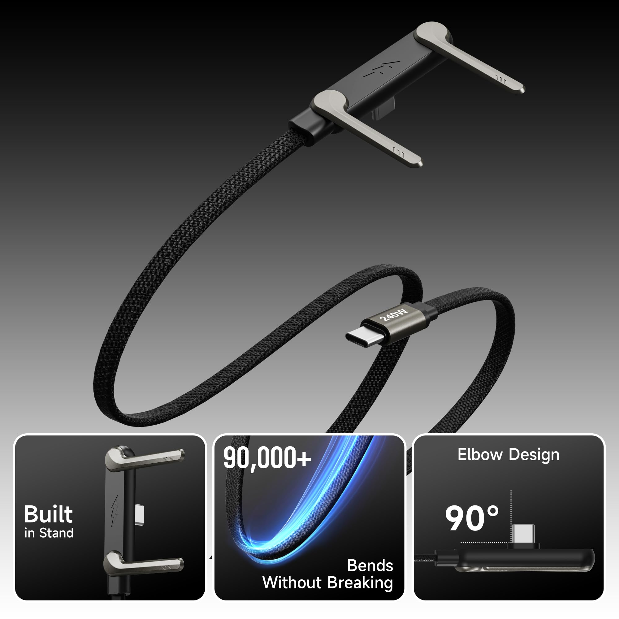 Cavo di ricarica rapida da USB C a USB C da 240 W con supporto integrato, cavo di ricarica invisibile per iPhone, cavo di ricarica piatto intrecciato a forma di T a 90 gradi per iPad, Samsung Pixel