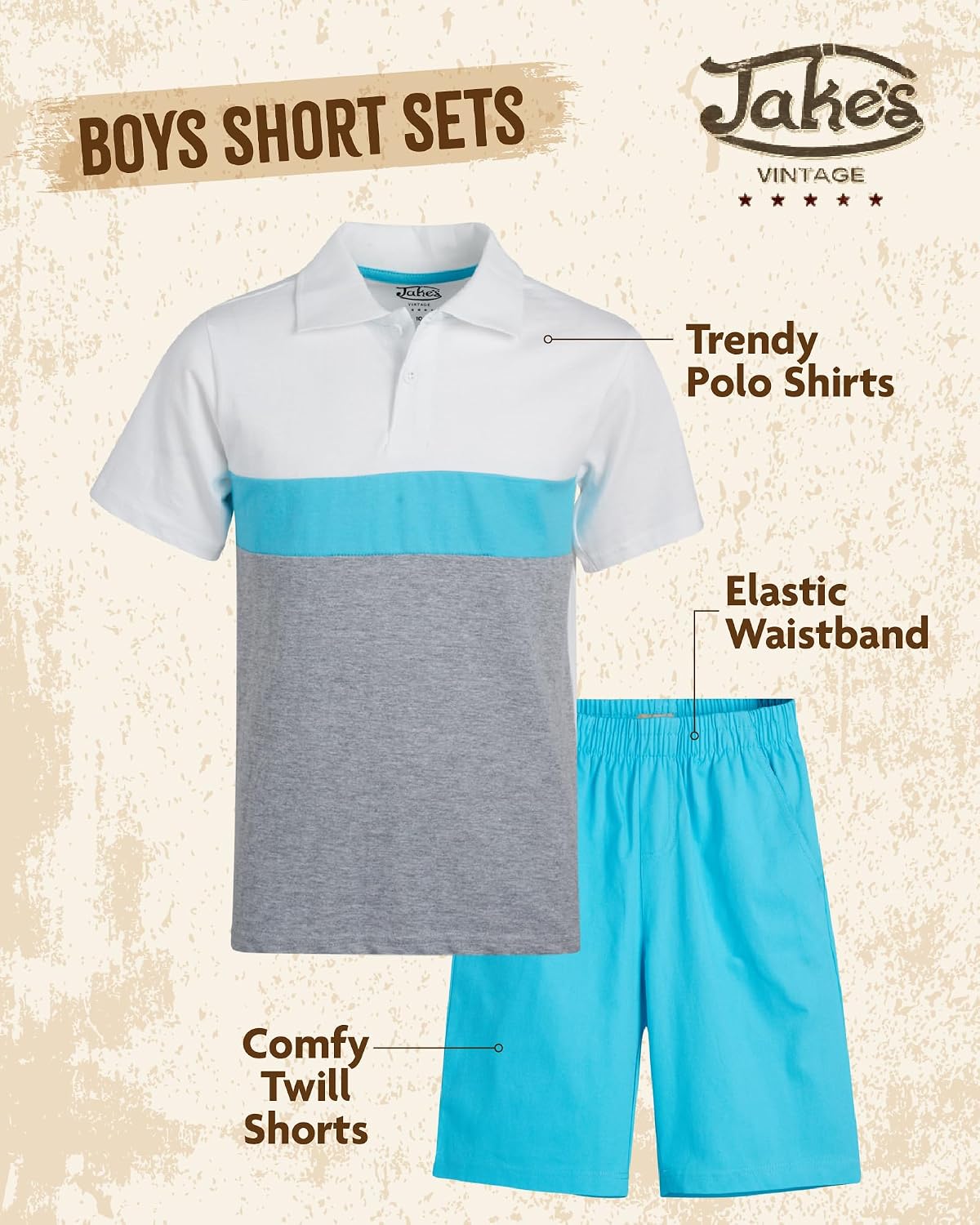 Jake's Vintage Boys Short Set - 2 Piece Kids Polo Shirt & Twill Boys Shorts - Summer Outfit Short Set for Toddler to Big Kids