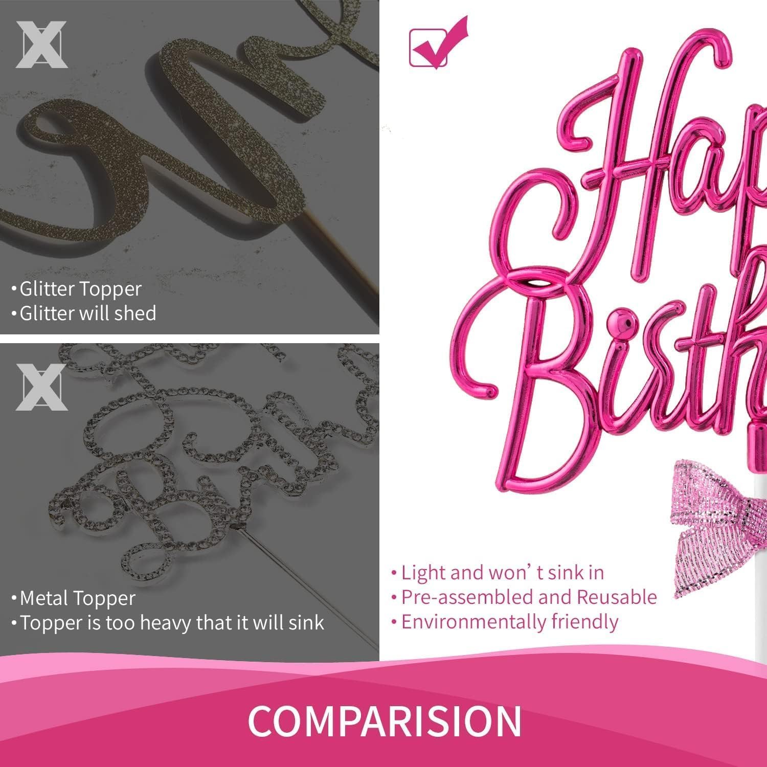 AMFIN® Happy Birthday Cake Toppers Set for Birthday Cake Supplies Decoration Accessories/Baby Girl 1st Birthday Party Decorating Items/Happy Birthday Cake Topper for Girls Party Decorations - Pink - Image 4 thumbnail