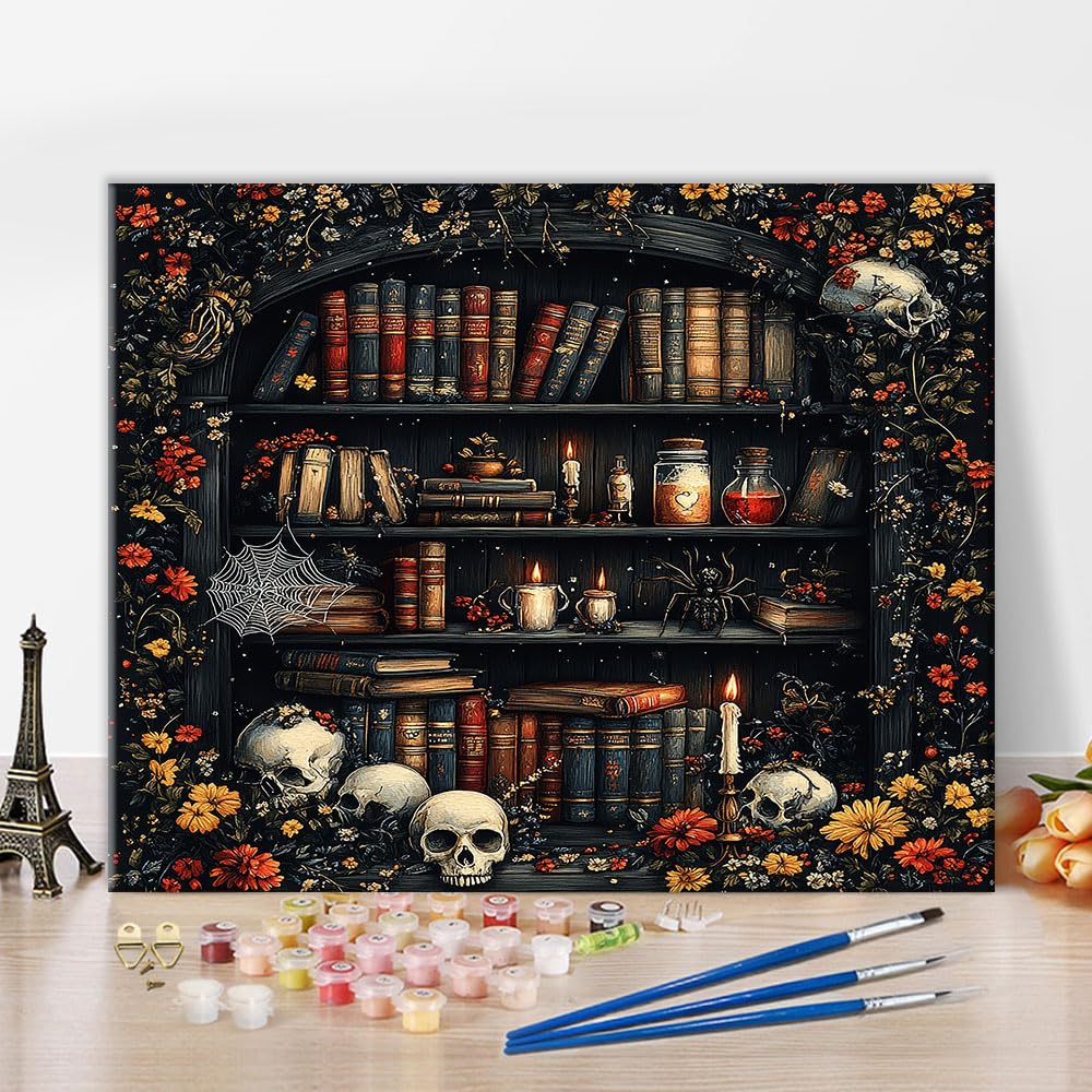 Bookshelf Paint by Numbers Kit for Beginner Witchs Library with Books Potions Skulls Spider Paint by Numbers for Adults Home Wall Decor Custom Art Canvas for Painting Drawing Without Frame 16x20 Inch