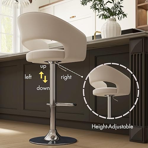 Miniatura 4 de Juego de 2 modernas sillas de bar de cocina con base plateada, taburetes de bar giratorios ajustables con respaldo y reposapiés, taburetes de