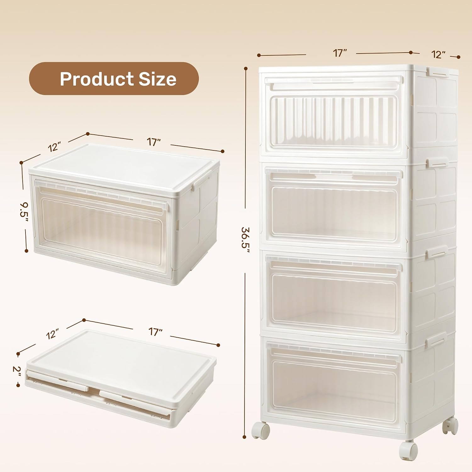4 Tier Stackable Plastic Storage Bins with Lid and Wheels, 32QT Closet Organizersan and Storage Containers, Collapsible Plastic Organizer Box for Bedroom Dorm Office Garage