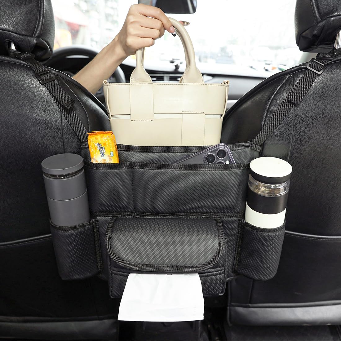 Purse Holder for Car Net Pocket Handbag Holder - Durable Large Capacity Automotive Car Organizers and Storage Between Seats for Phones Documents Cups and More(Black Carbon Fiber)
