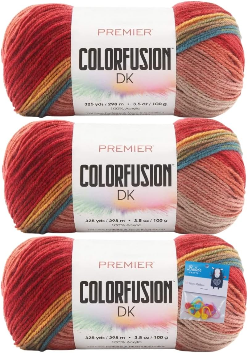 Premier Yarn Colorfusion DK - 3.5 Oz - #3 Light Weight - 3-Pack Bundle with Bella's Crafts Stitch Markers (Autumn Sky)