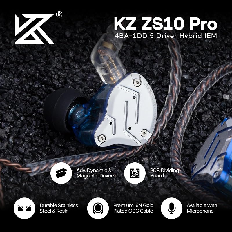 LINSOUL KZ ZS10 Pro 5 meghajtós HiFi fülhallgató kék, 4BA+1DD hibrid IEM - No Microphone, blue