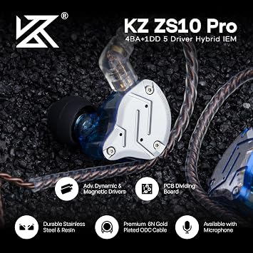 Linsoul KZ ZS10 Pro, 4BA+1DD 5 Driver in Ear Monitor, HiFi Wired Earbuds, Gaming Earbuds, Hybrid IEM Earphones with Stainless Steel Faceplate, Detachable Cable for Musician (with Mic, Blue)