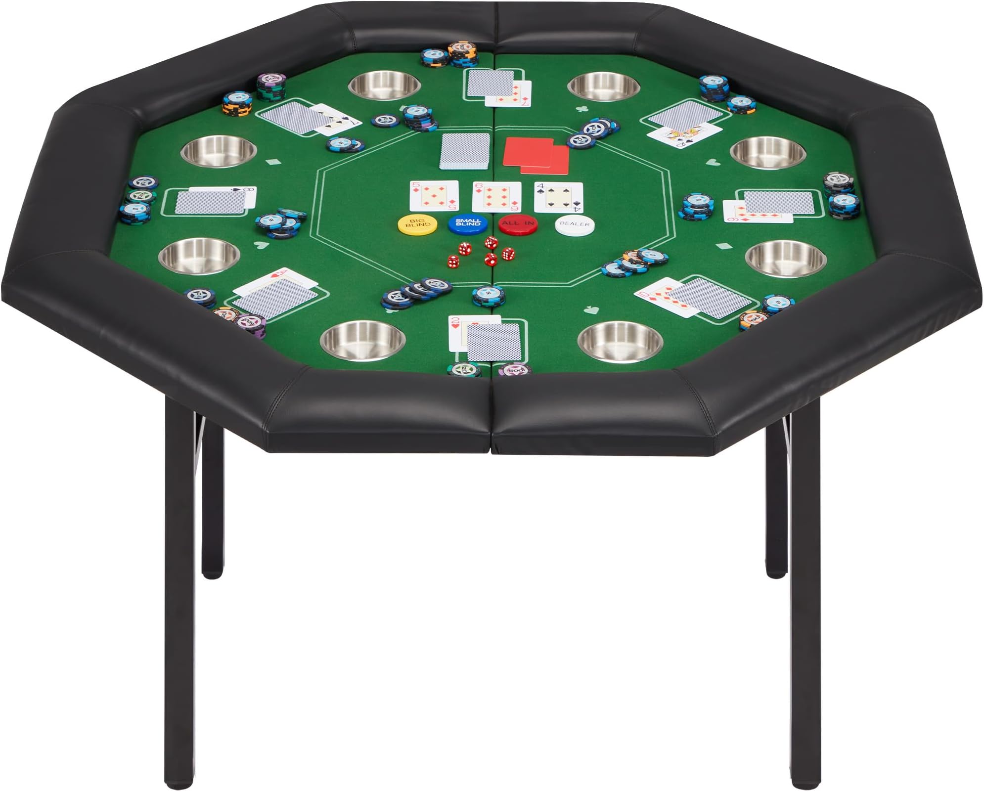 ECOTOUGE 8-Player Poker Table Foldable, Casino Leisure Gaming Table with Padded Rails & Stainless Steel Cup Holders, Folding Octagon Texas Holdem Poker Table for Blackjack, Easy Assembly