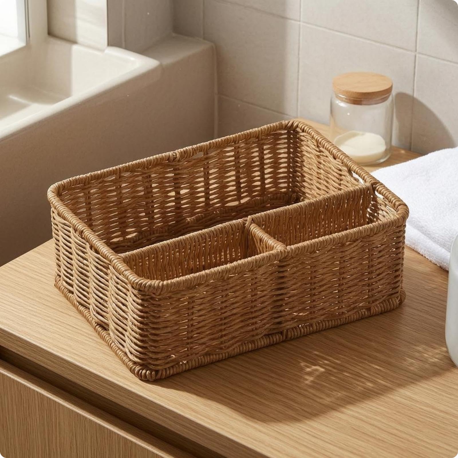 Rectangular Storage Basket Reinforced Rim Rattandesign Basket Woven Household Organizer Light Brown Divided-image-46