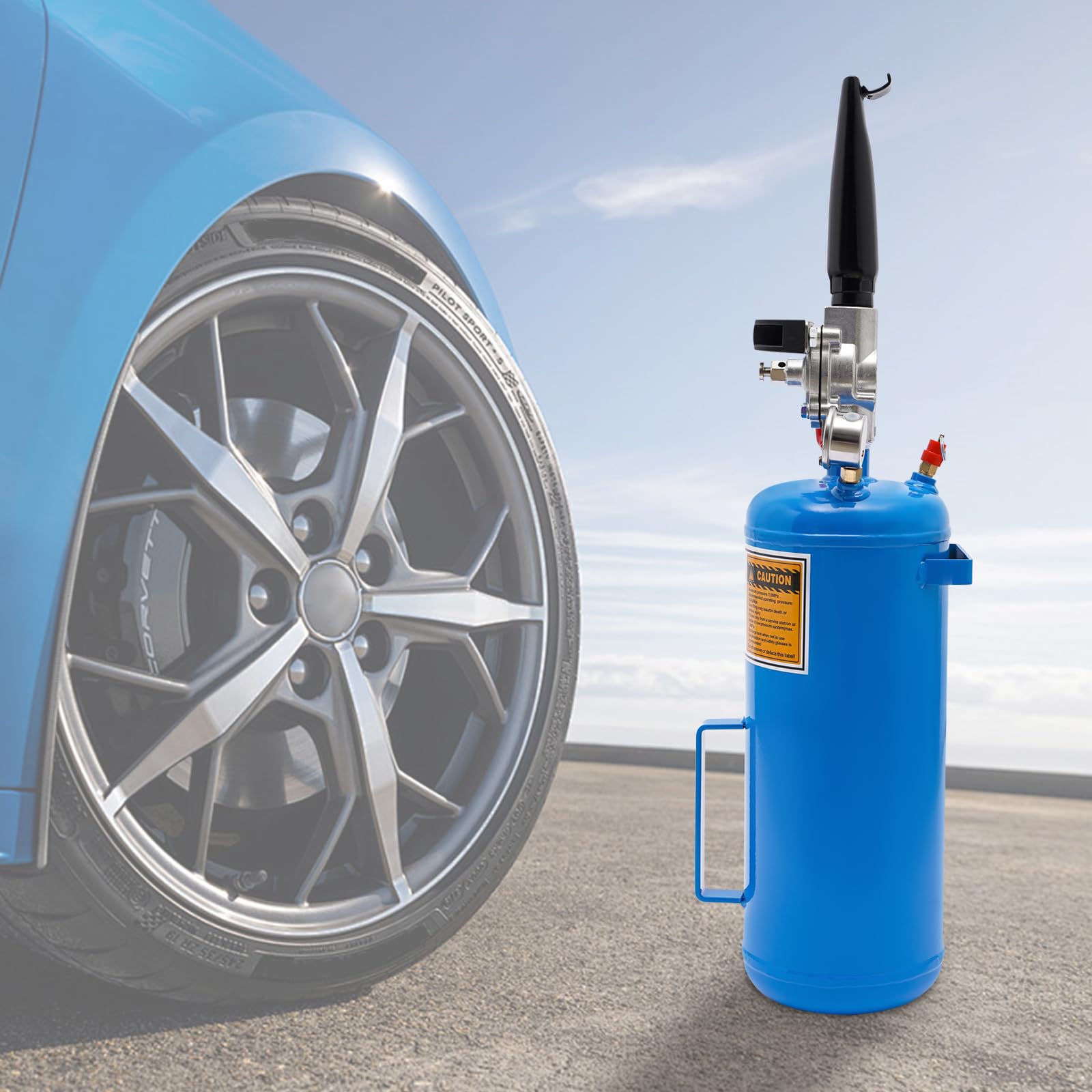 Gonfleur de pneu avec booster - Capacité : 8 l - 145 psi - Pression maximale : 16 x 50 cm - Pour motos et véhicules électriques - Bleu