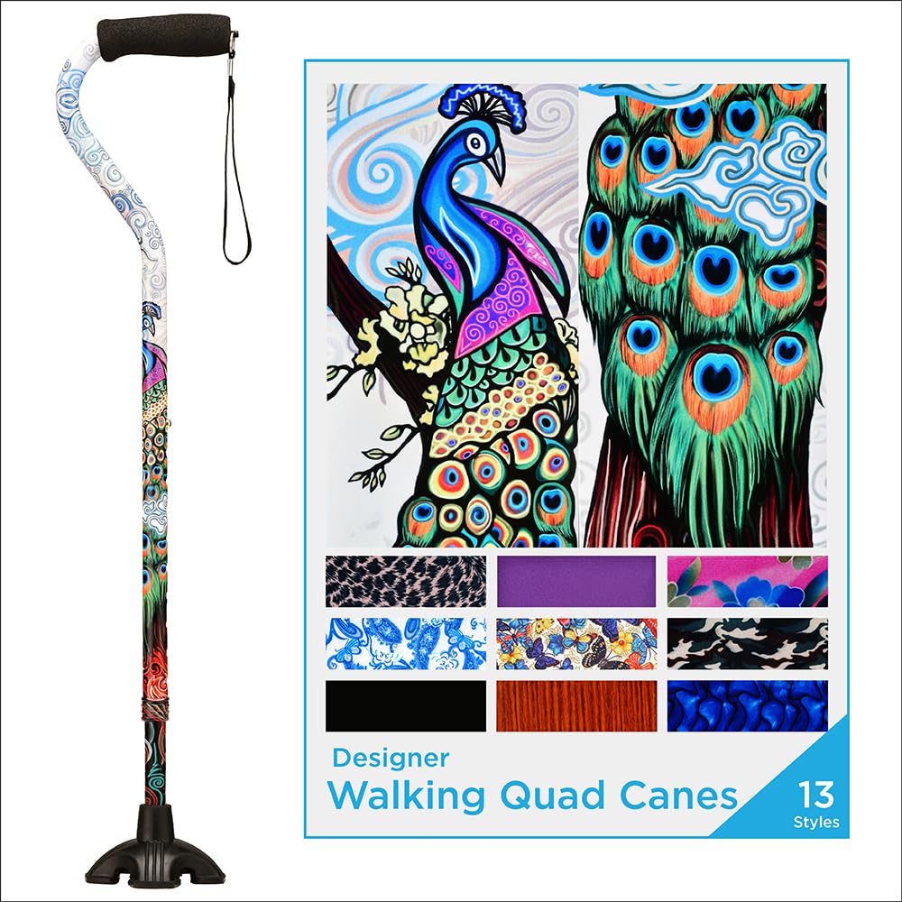 Nova Joy Designer Offset Quad Cane for Seniors - Unisex Adjustable Lightweight Walking Aid with Foam Handle, Wrist Strap and Anti-Rattle Lock - Essential Mobility Support - Proud Peacock