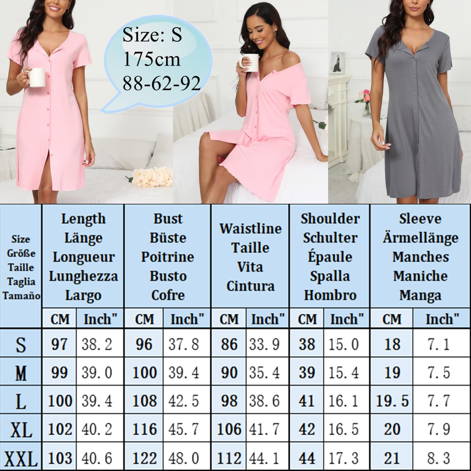 Chemises de Nuit Femme Coton Bouton Robe de Nuit Sexy Nuisette Ouvert Devant Sexy Maternité Allaitement Manche Courte T Shirt de Nuit Pyjama Vêtements de Nuit Casual Col V Top Confortable