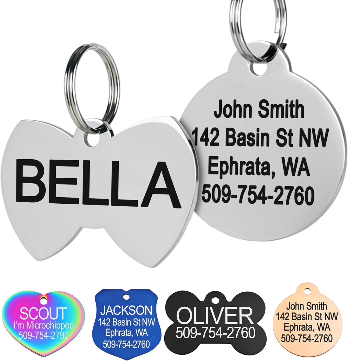 Custom Pet ID Tags: 8 Lines Engraved, Stainless Steel