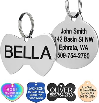 GoTags Stainless Steel Pet ID Tags, Personalized Dog Tags and Cat Tags | up to 8 Lines of Custom Text, Engraved on Both Sides, in Bone, Round, Heart, Bowtie and More Bow Tie, Small Pack of 1