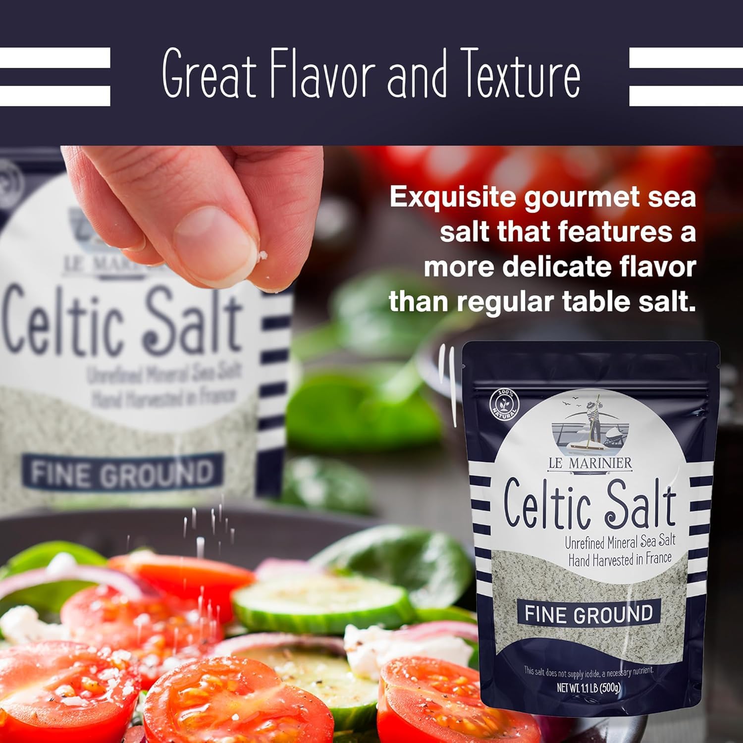Le Marinier Celtic Salt Organic Fine Ground, 1.1lb - 18oz, Pack of 2. Mineral Rich Unrefined 100% Natural, Hand Harvested Mineral French Sea Salt (1.1lb Fine Ground - Pack of 2)