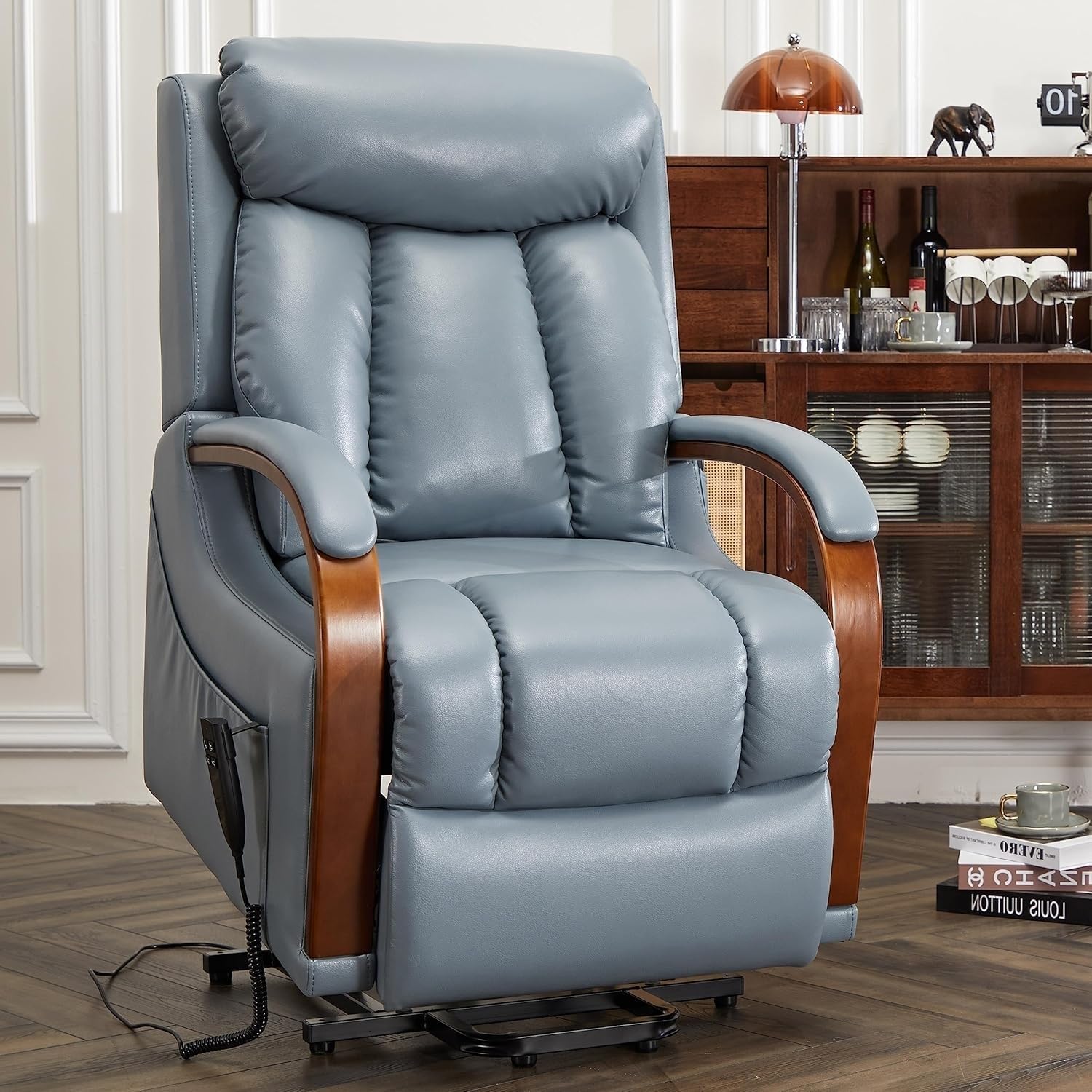 Small Dual Motor Electric Power Lift Recliner with Heat Massage Blue Leather Infinite Adjustable Back and Footrest Side Pocket Heavy Duty Comfort Support Living Room Sofa