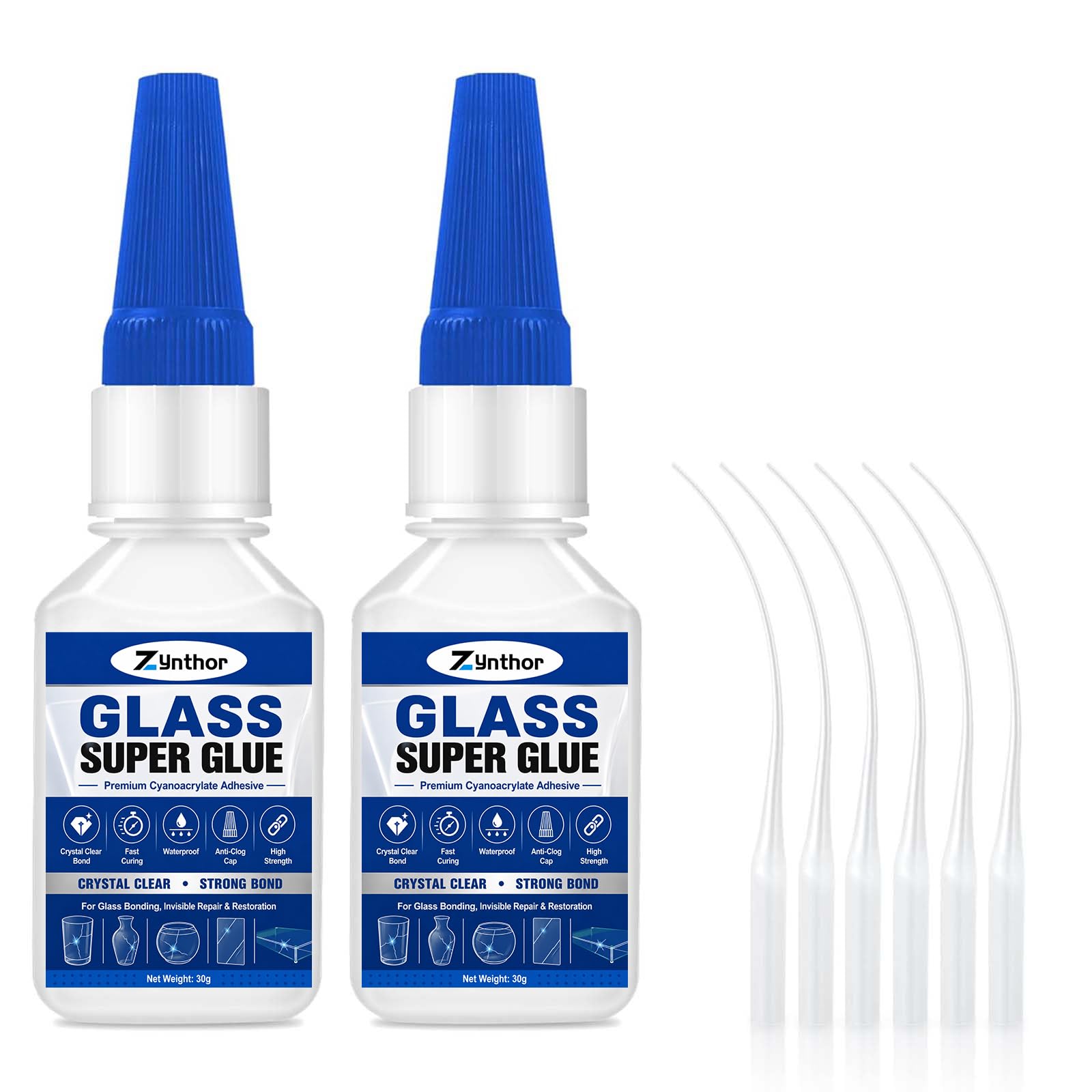 Glass Super Glue 2 Pack, Clear Strong Glass Glue with 6 Precision Tips