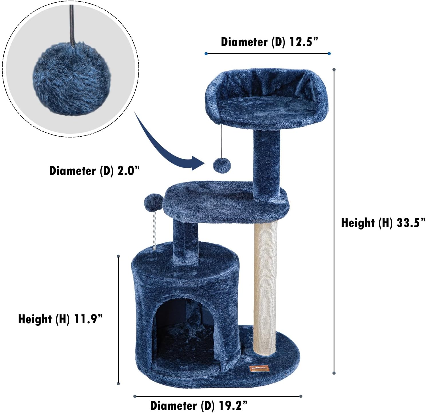 ClevaHome 33.5" Small Cat Tree Tower for Indoor Cats, Modern Kitten Condo with Sisal Scratching Post and Hanging Ball for Play, Denim Blue