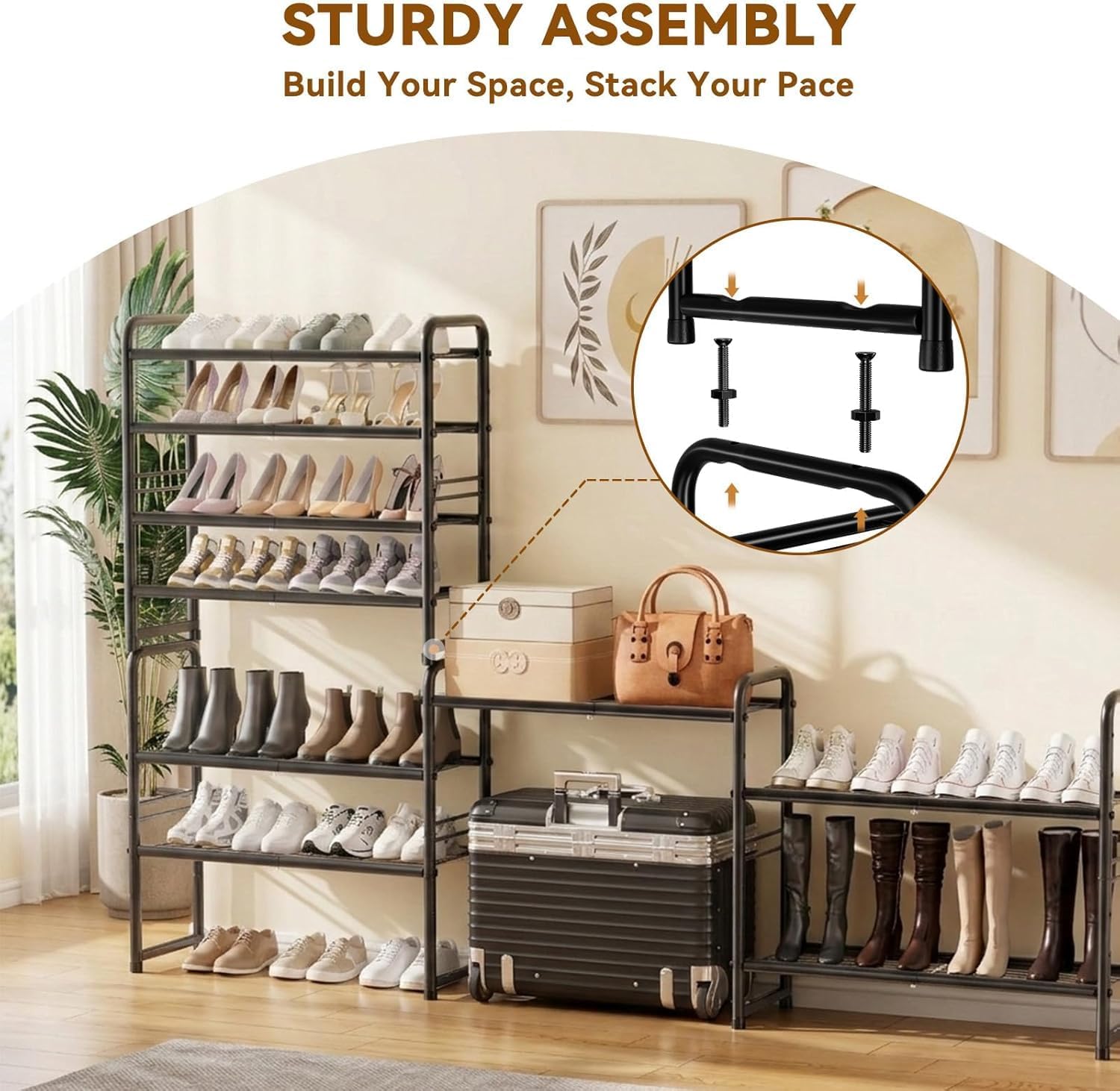Shoe Rack, 4 Tier 32.5" Wide Stackable Metal Shoe Shelf with Height-Adjustable for Entryway, Closet, Black
