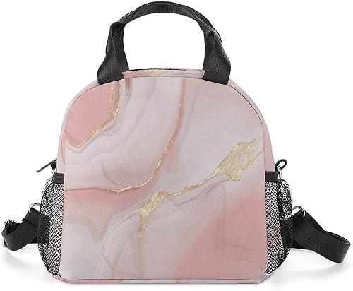 Niapessel Lonchera térmica con estampado de mármol rosa dorado y con soporte para botella de agua y correa de hombro extraíble para volver a la