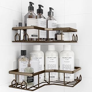 Adhesive Shower Caddy, 2 Pack Corner Bath Organizer, Rustproof Stainless Steel Shower Shelves with Large Capacity, No Drilling Shelves for Bathroom Storage, Home, Kitchen Decor (Brown).