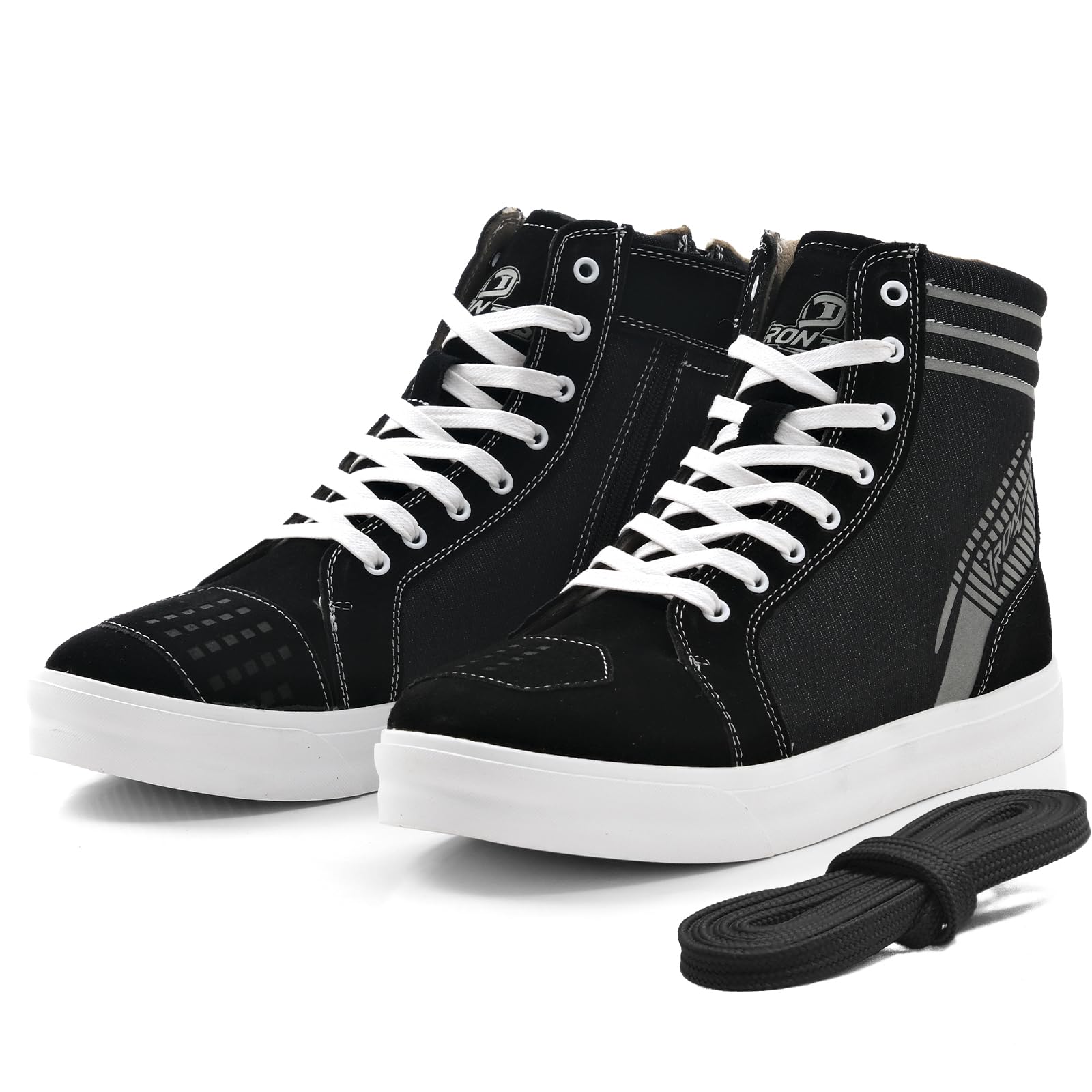 IRON JIA'S Motorcycle Shoes for Men, Anti-Slip Breathable Street Casual Motorcycle Riding Boots with Side Zipper, Ankle Support, Shift Pads 11 Black/White