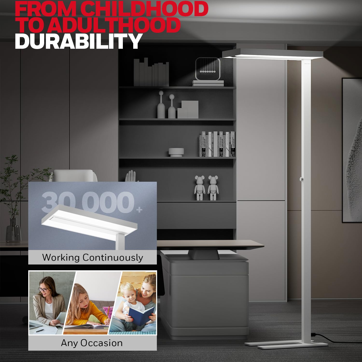 Honeywell 02E Lámpara De Pie LED, 8000LM Sunturalux Protectora Ocular | 4000K, 80W luz natural, lámpara de lectura regulable, lámpara de pie moderna para oficina, salón y dormitorio