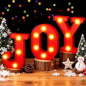 JOY Christmas Light Up Letter Table Decorations, LED Marquee Lights Sign for Indoor Outdoor Home Bedroom Fireplace Bar Xmas Party Decor