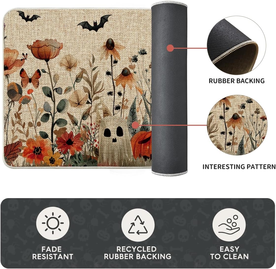 Artoid Mode Ghost Jack-O'-Lantern Pumpkin Flowers Halloween Kitchen Mats Set of 2, Low-Profile Home Decor Kitchen Rugs for Floor - 17x29 and 17x47 Inch