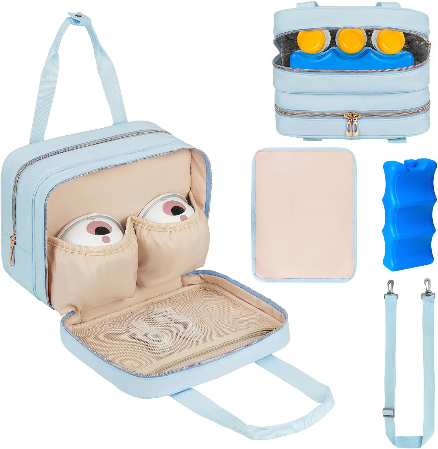 Breastmilk Cooler Travel Bag,Wearable Breast Pump Storage Bag Compatible with Momcozy/Eufy/Elvie/Willow/Medela Breast Pump with Ice Pack and Waterproof Mat,Blue