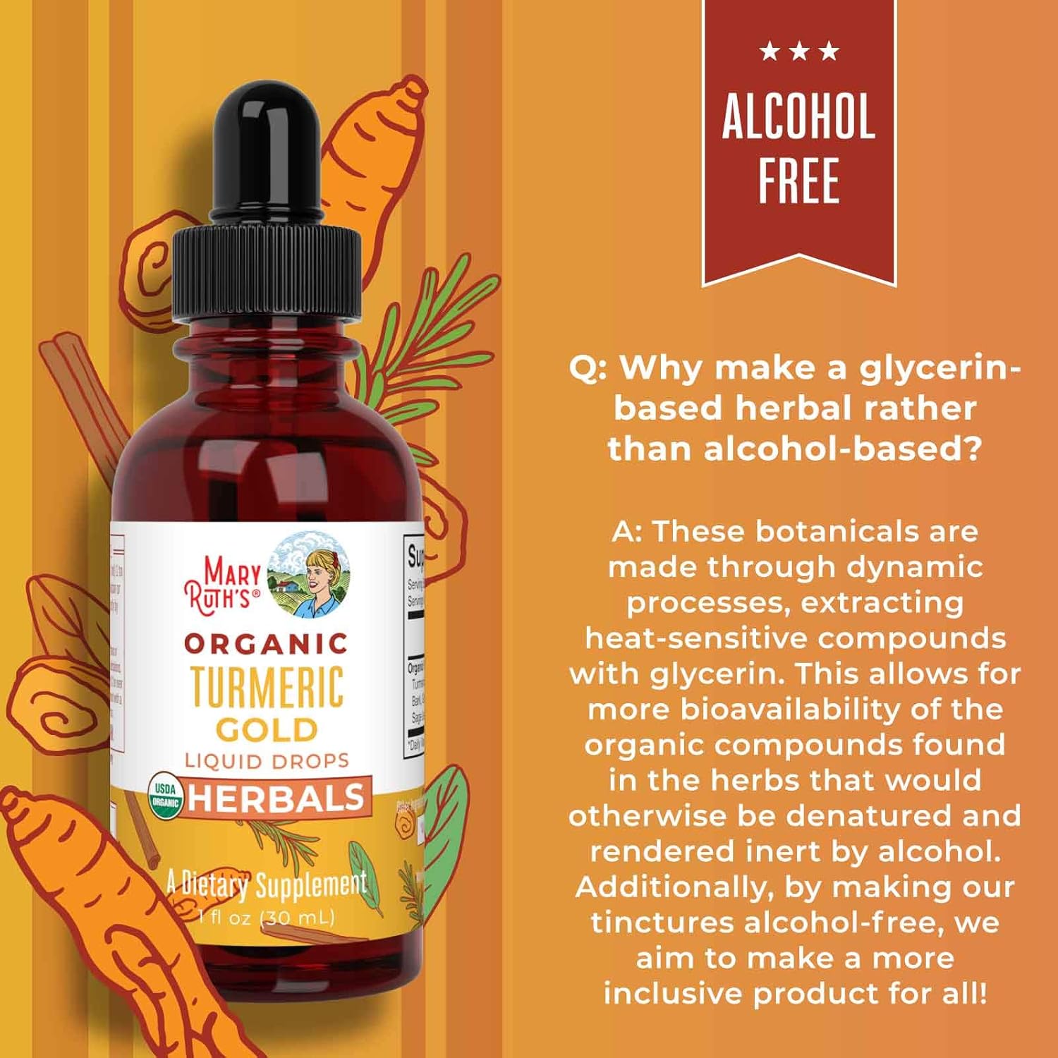 USDA Organic Turmeric Gold Liquid Drops by MaryRuth's | Liquid Herbal Blend | Turmeric Curcumin, Black Pepper, Cassia Cinnamon Bark, Ginger Root | Immune & Digestive Support | Non-GMO, Vegan, 1oz : Health & Household
