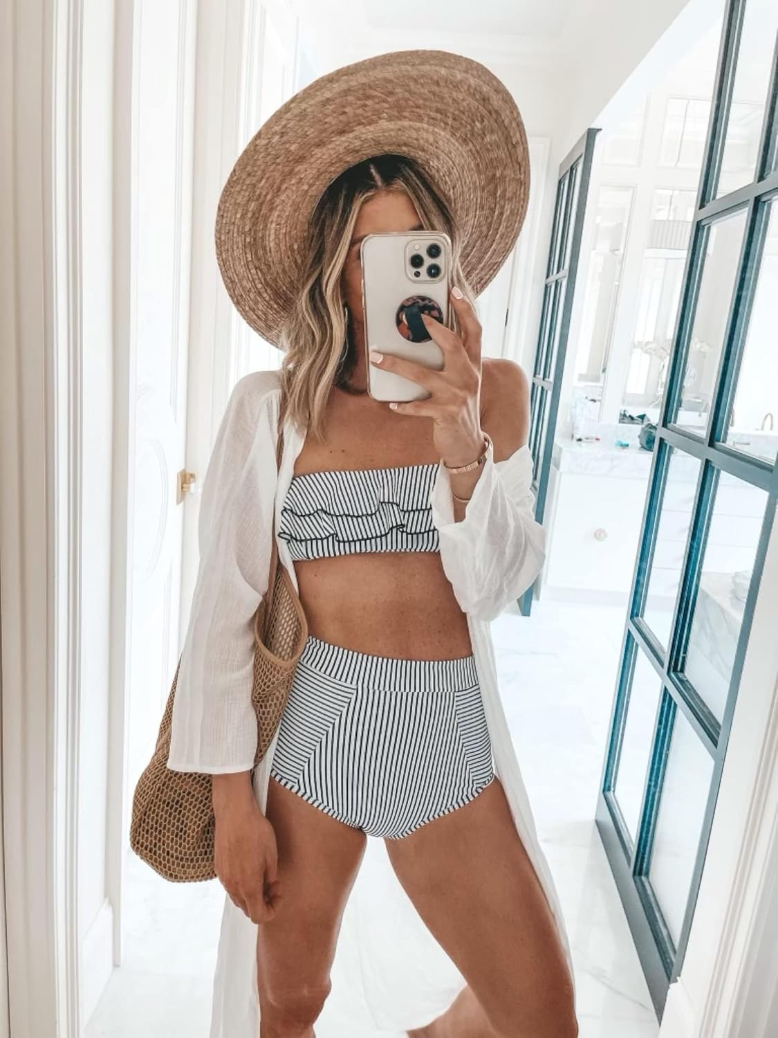 Saodimallsu Women High Waisted 2 Piece Bikini Set Bandeau Ruffle Swimsuit Top Striped Bathing Suits - Image 4