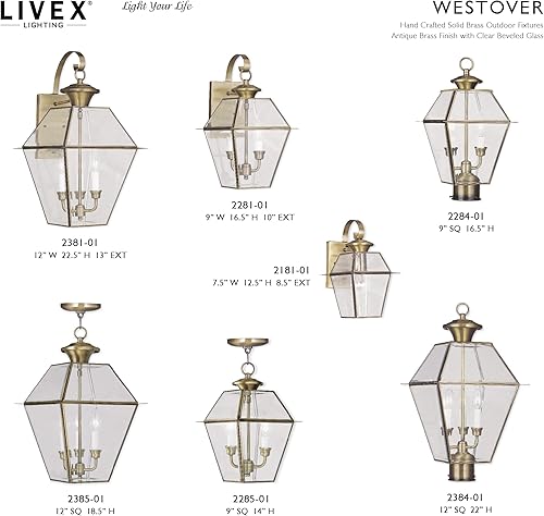 Miniatura 7 de Livex Lighting 2381-01 Westover - Farol de pared para exteriores, 3 luces, latón antiguo