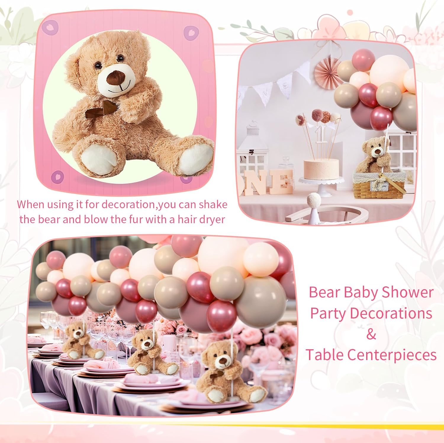 Meooeck 185 Pcs Bear Baby Shower Party Decorations Table Centerpieces 5 Pcs 13. 5'' Gender Reveal Bears 180 Balloons Kit Baby Shower Table Decor for Birthday Wedding(Dusty Pink, Rose Gold, Peach)