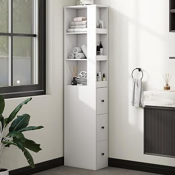 ARTETHYS Tall Narrow Bathroom Storage Cabinet with Side Rack & Drawers | 3-Level Adjustable Shelves, Slim Free Standing Space Saver Organizer for Living Room Kitchen, Classic White