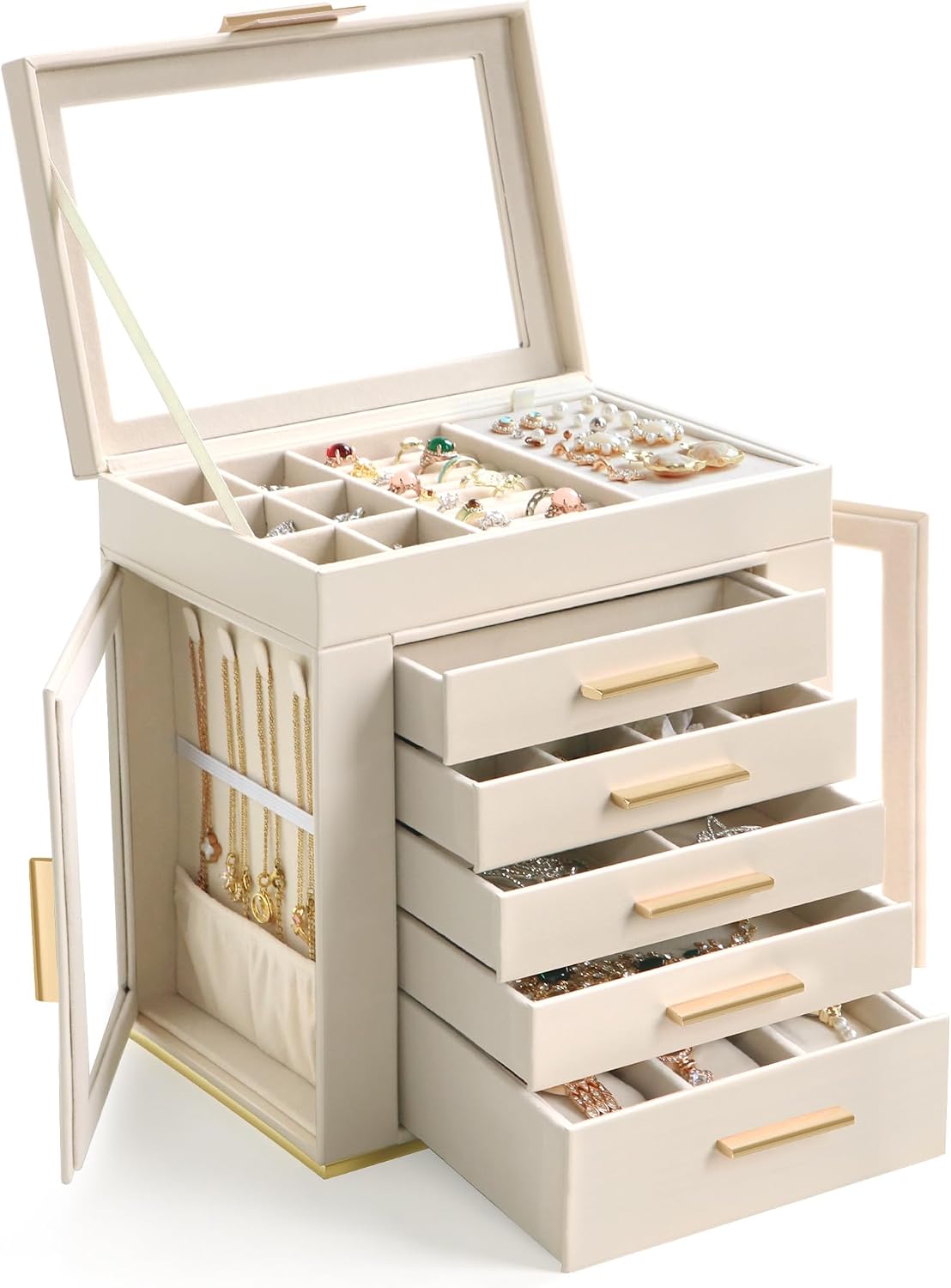 Homeanda Jewelry Boxes with Glass Lid, 6-Layer Large PU Leather, Beige