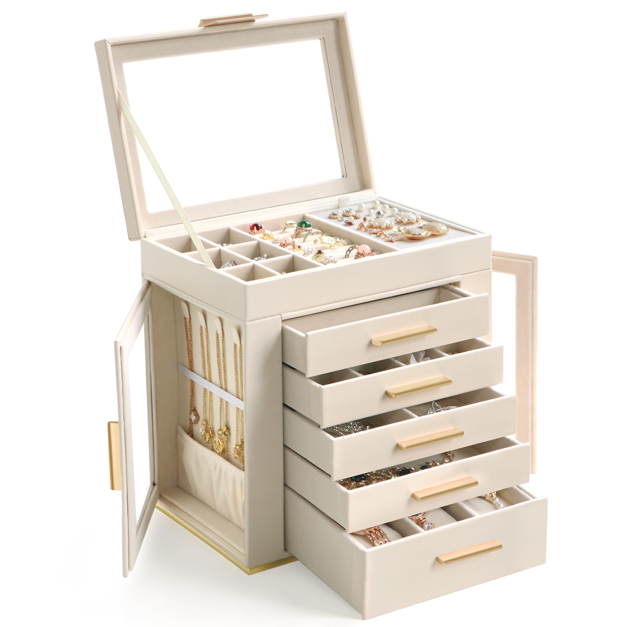 Homeanda Schmuckkästchen Groß,6 Etagen Box mit Glasdeckel,Beige | Moderne PU Leder Schmuckschatulle mit 5 Schubladen, Samt Organizer für Ringe & Uhren, Geschenk für Frauen