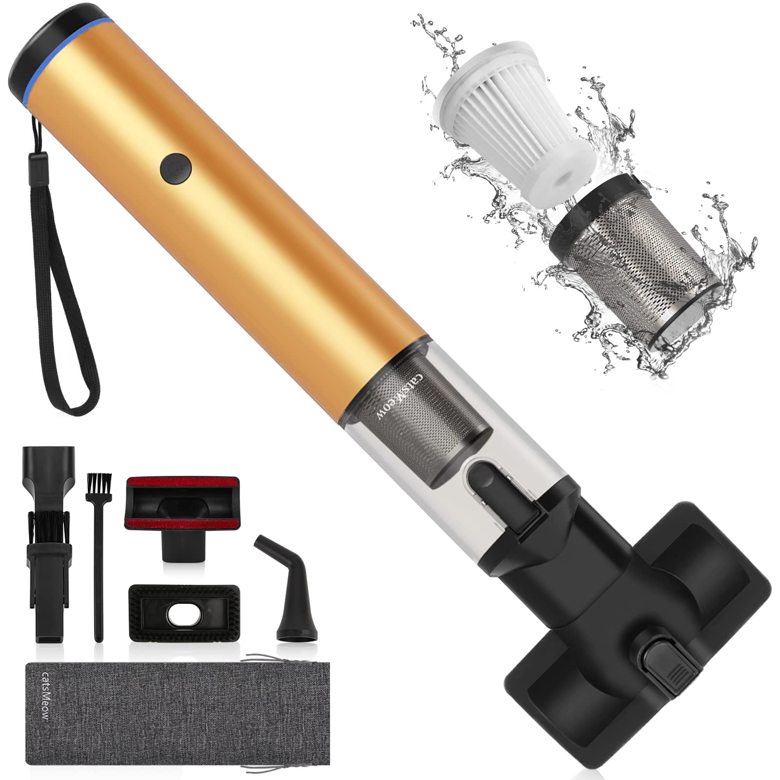 catsMeow 15000Pa Car Vacuum Cordless Rechargeable,6-in-1 Portable Small Handheld Car Vacuum Cleaner High Power Cordless with Blower,Dust Buster Mini Vacuum Cordless for Car(Gold)