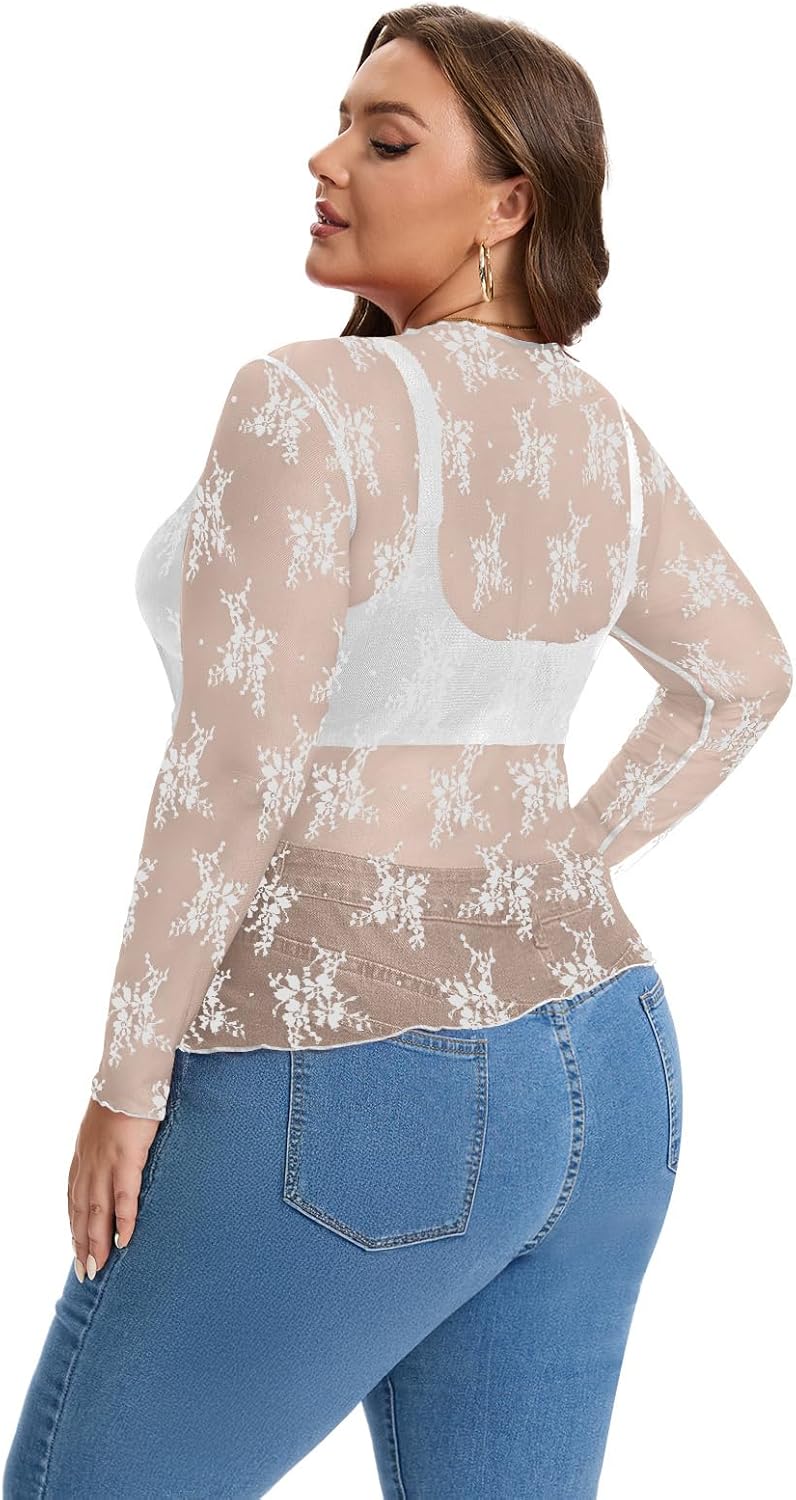 AYIFU Women's Lace Mesh Top Sheer Plus Size See Through Floral Long Sleeve Mock Neck Blouse Tops - Image 3