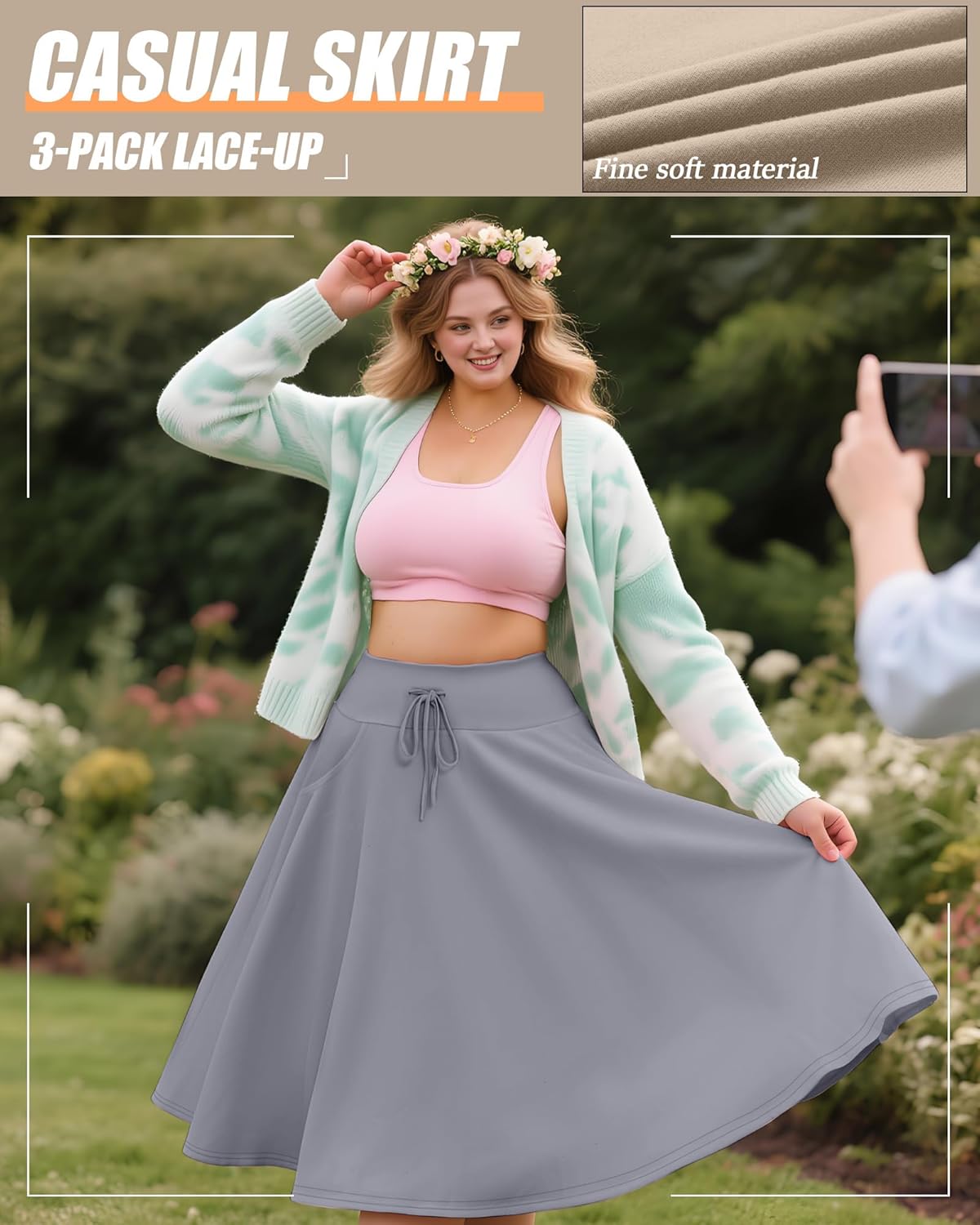 3 Pack Plus Size Skirts for Women Knee Length Flared Midi Stretchy Drawstring Summer Skirts 1X-5X - Image 6