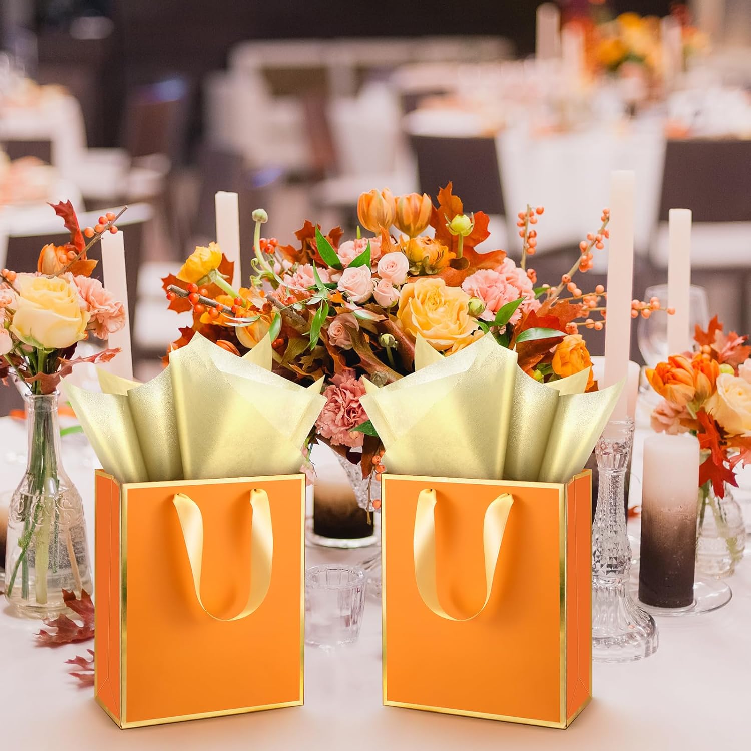 Yeaqee 24 Pack Metallic Paper Gift Bags with Handle and Tissue 9x7x3.1 Gold Foil Welcome Thank You Favor Bags Return Gifts for Wedding St. Patrick's 5 Senses Bridesmaid Birthday(Orange, Gold) - Image 6