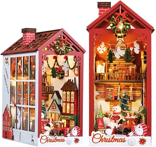 Soporte para libros de Navidad con cubierta antipolvo, rompecabezas 3D, kit de modelo de casa de muñecas en miniatura, kit de construcción de madera